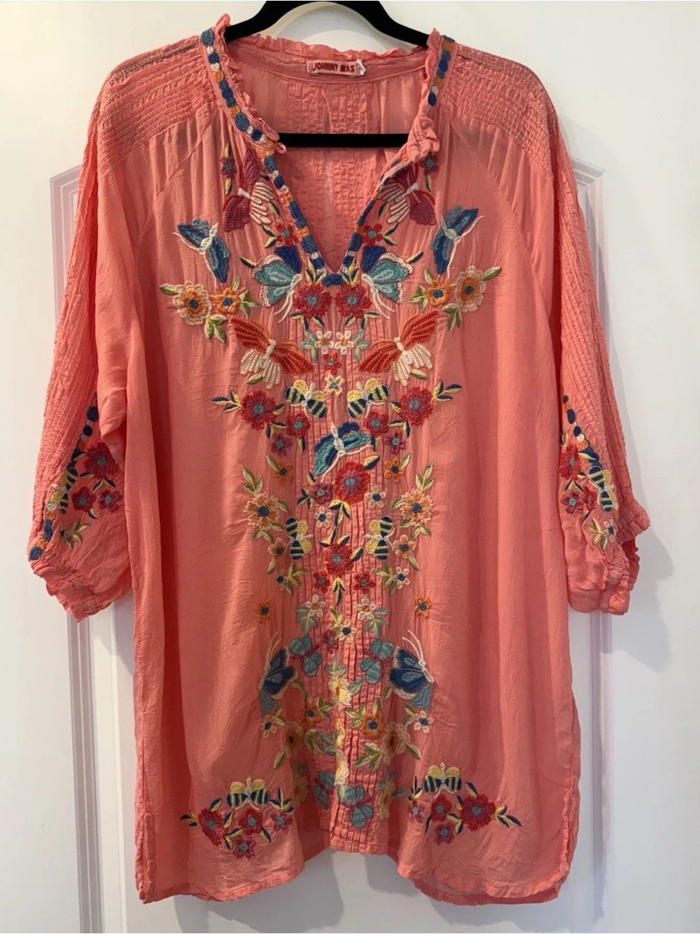 Johnny Was Heavily Embroidered Top Leona Tunic Pink Butterfly